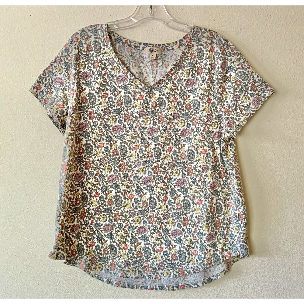 Style & Co Women’s Multicolor Floral Knit V-Neck Short Sleeve T-Shirt XL
